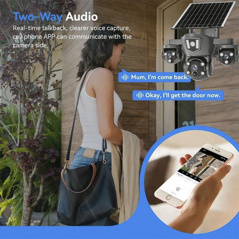 Câmera de segurança PTZ de 4 lentes alimentada por energia solar - WiFi/4G externo, Ultra HD, sem necessidade de fiação_voghion.com