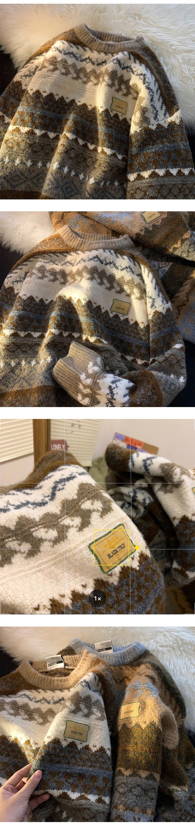 Loose Fit Knit Sweater - Vintage Winter Pullover For Men, Oversized Casual Crewneck With Jacquard Pattern_voghion.com