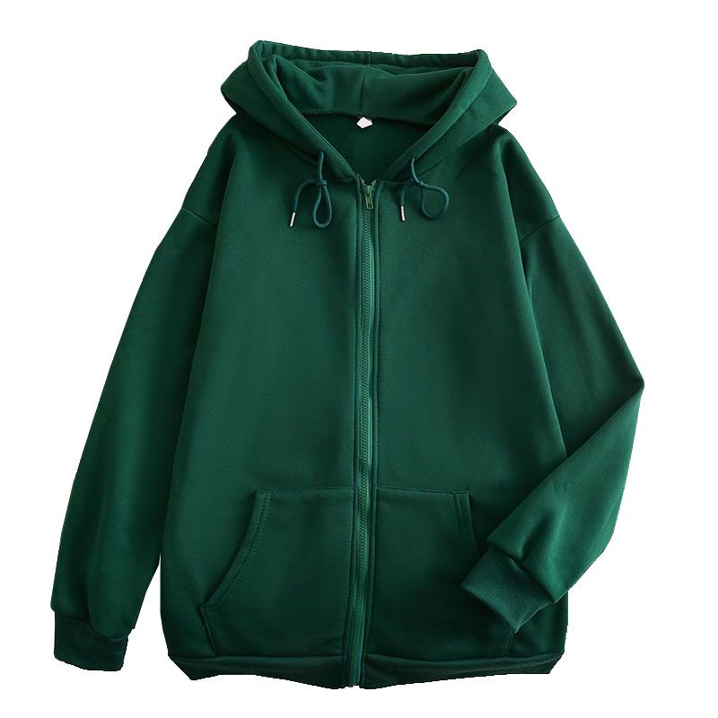 Solid Color Plain Sweatshirt Ins Style Loose Zipper Thickened Hooded Jacket_voghion.com