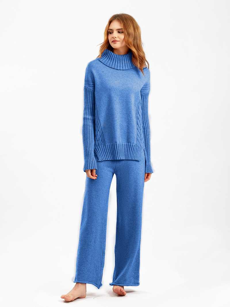 Vêtements pour femmes style paresseux pull à col roulé ample costume style occidental pour femmes pantalons à jambes larges à la mode ensemble deux pièces pour les femmes_voghion.com