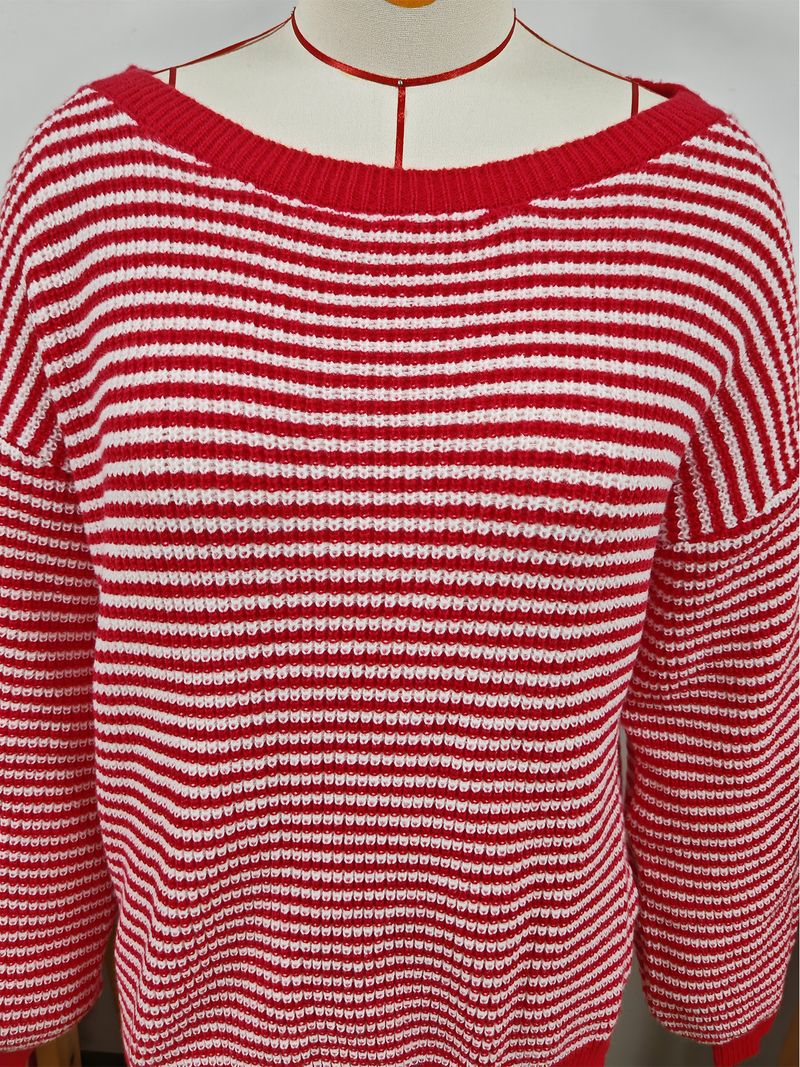 Maglione da donna in maglia con spalle scoperte, righe a blocchi di colore e maniche a lanterna – Vestibilità comoda e ampia per autunno e inverno_voghion.com