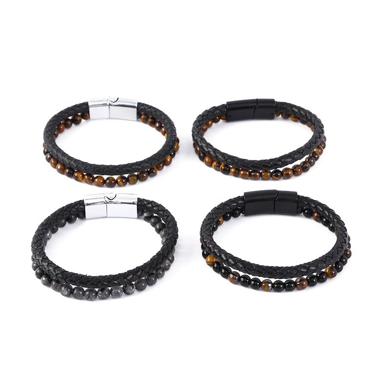 Bracciale da uomo con perline e chiusura magnetica in pelle con pietra occhio di tigre_voghion.com