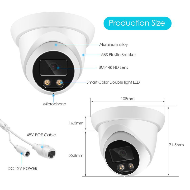 Telecamera di sorveglianza PoE a cupola a infrarossi HD da interno Acarte 5MP/8MP CCTV IP_voghion.com