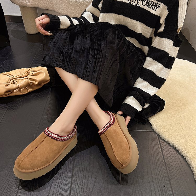 Sapatos femininos botas de neve one step inverno feminino novo estilo couro e pele integrados chinelos fechados plataforma bolo fundo grosso pele sapatos de algodão_voghion.com