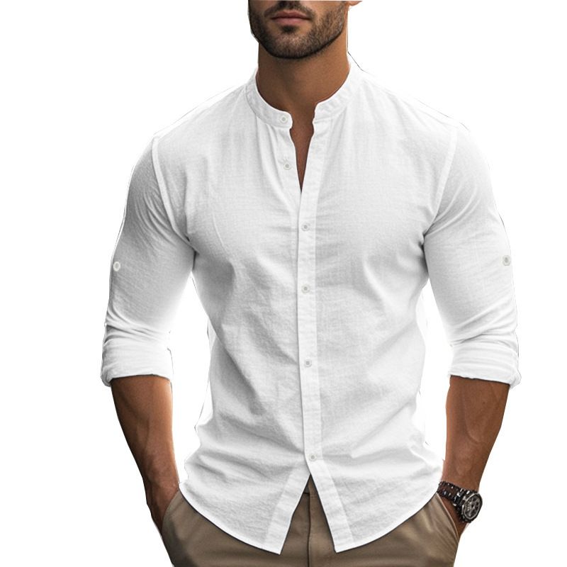 Camicia da spiaggia a maniche lunghe, semplice, traspirante, in lino, casual e ampia, da uomo, stile hawaiano, stile transfrontaliero americano._voghion.com