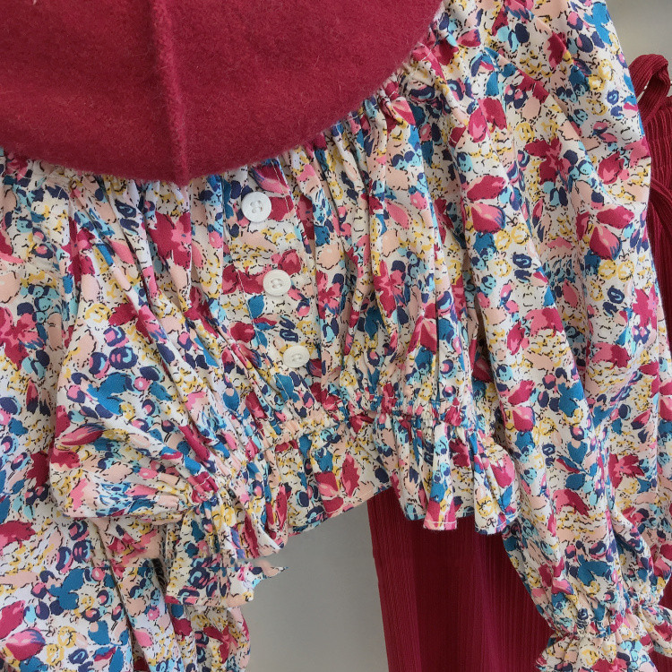 Barnkläder höst nya barnkläder flickor mode blommig topp med hög midja plus vida byxor kostym_voghion.com