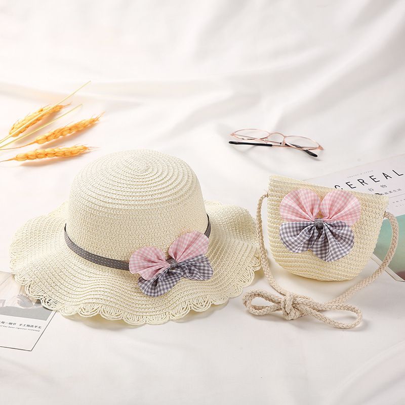 Moda Ragazze Paglia Turismo Fiore Bambini Cappello da Sole e Borsa Set Bambino Esterno Tesa Larga Cappelli da Pescatore_voghion.com
