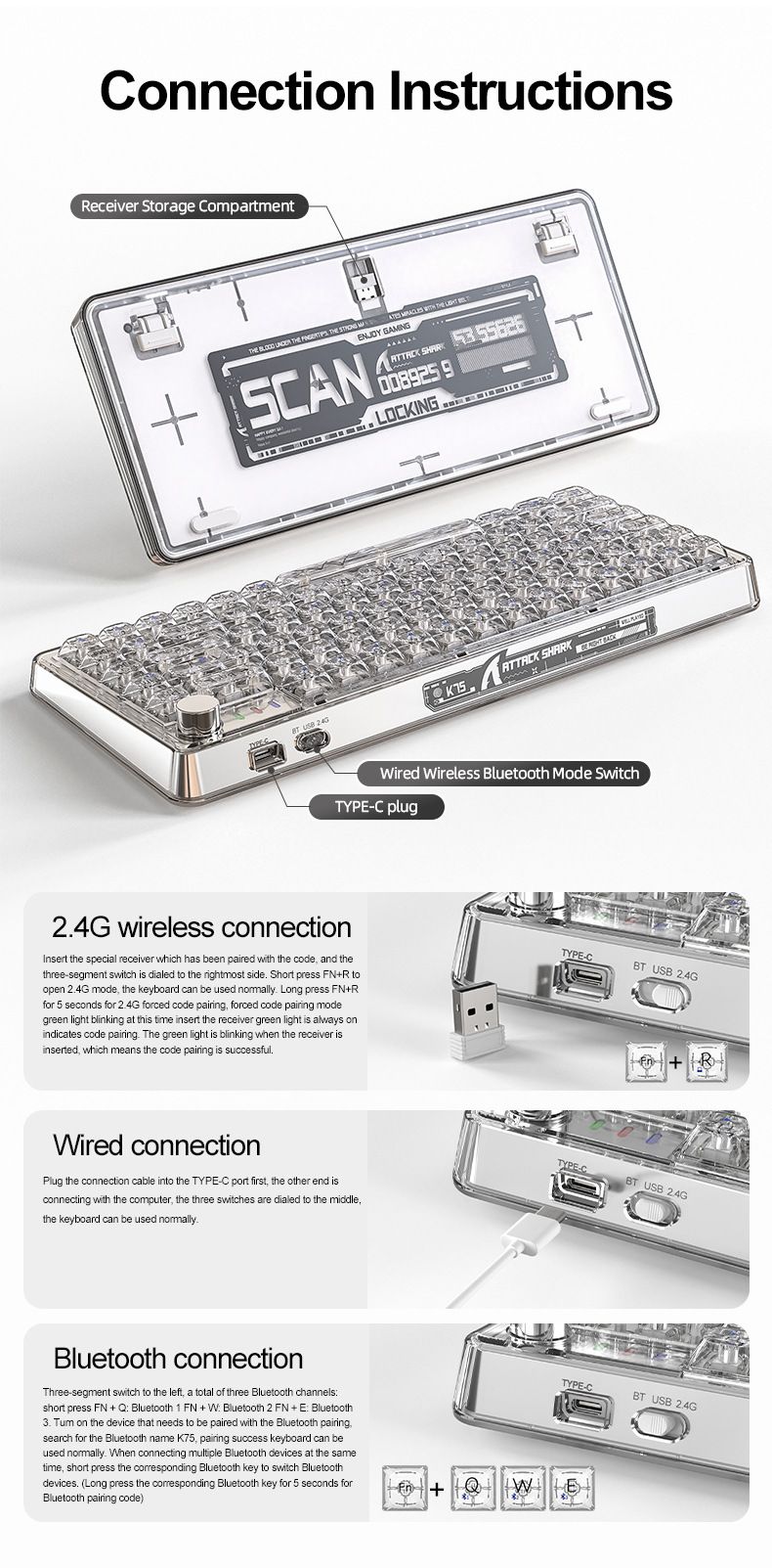 Attack Shark K75RGB Wireless Mechanical Bluetooth Transparent Gasket Hot-Swappable Keyboard_voghion.com