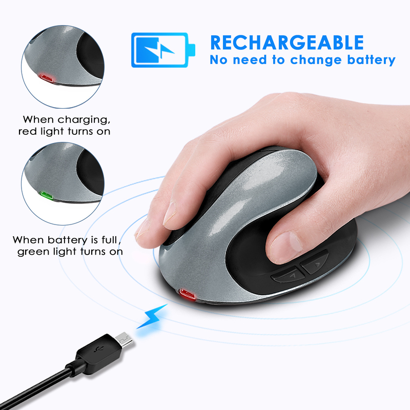 Mouse vertical ergonômico – sem fio 2.4G, 1600 DPI, programável com 6 teclas, recarregável/bateria, clique silencioso (preto/prata/rosa)_voghion.com