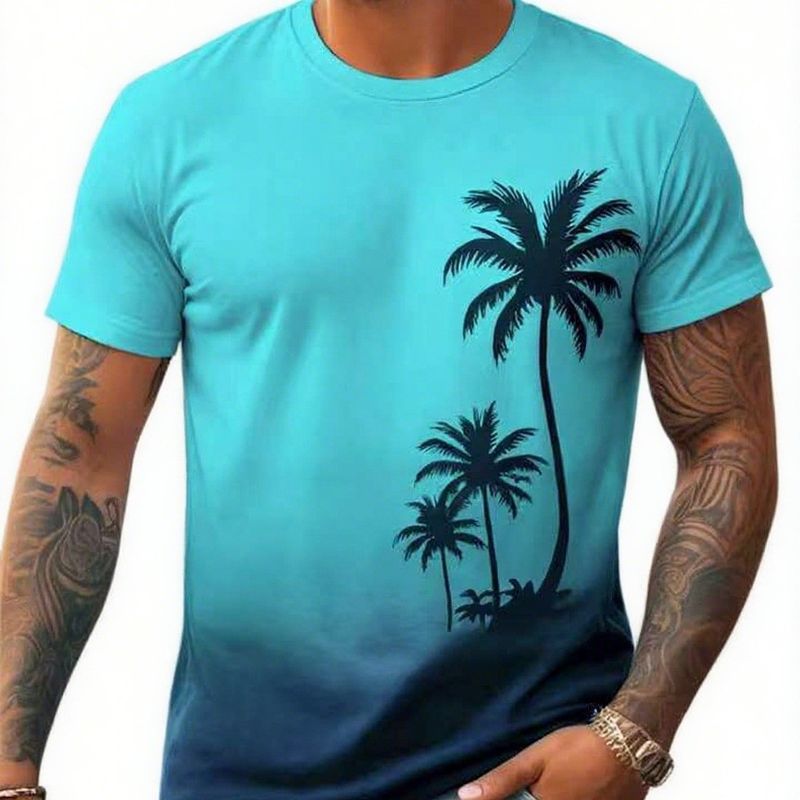 Grensoverschrijdende levering van Hawaiiaanse kokosnootboom-stijl korte mouwen T-shirt voor heren met kleurverloopprint strandstijl casual korte mouwen heren_voghion.com