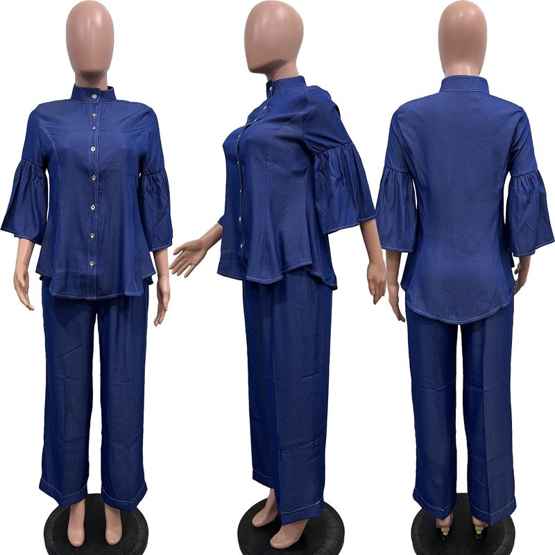 Women's Clothing New Solid Color Denim High Collar Button Straight Pants Suit_voghion.com