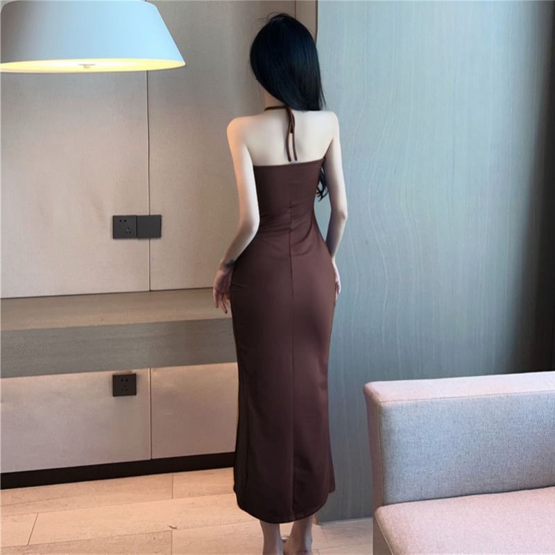 Rückenfreier Schlitz, figurbetontes, modisches Hot Girl Sexy Pure Desire, brustvergrößernde Schnürung, Neckholder, hohles langes Kleid_voghion.com