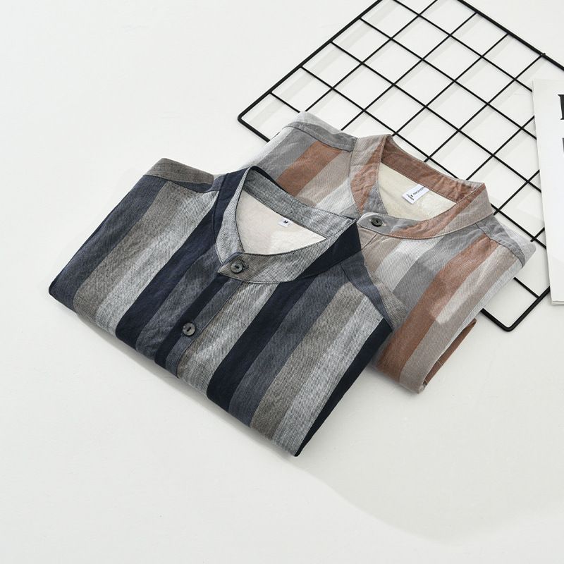 Summer Retro Pullover Color Blocked Linen Stripe Loose Stand Up Collar Short Sleeved Shirt For Men_voghion.com