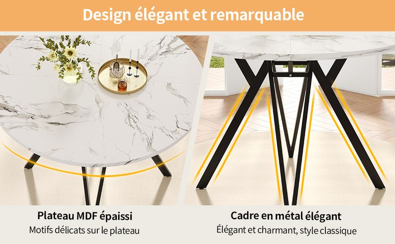 5-teiliges Esstisch-Set Mit Runder Tischplatte (Ø100 Cm), Schwarze Metallbeine, MDF-Marmoroptik, Graue Leinenstühle_voghion.com