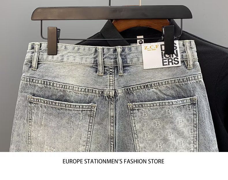 Pantaloncini estivi in denim sottile stampato blu da uomo, cuciture personalizzate, vestibilità slim, piede piccolo, cinque gambe, casual di media lunghezza_voghion.com