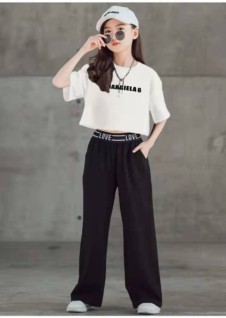 Girls' 2023 summer new item, Zhongda stylish Korean version, children's short sleeved top, wide leg pants two-piece set_voghion.com