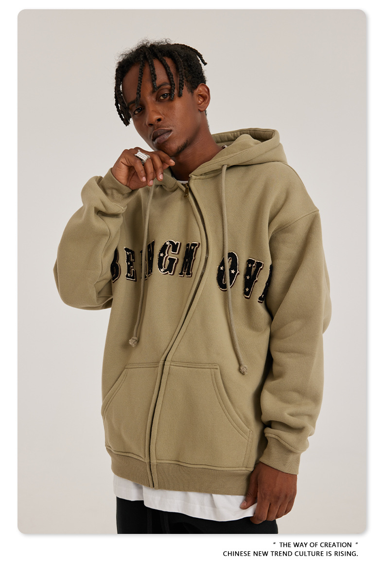 Herr höst och vinter tungvikts amerikansk handduk broderad polar fleece S-formad dragkedja sweatshirt lös trendig märkeshuvtröja för män_voghion.com