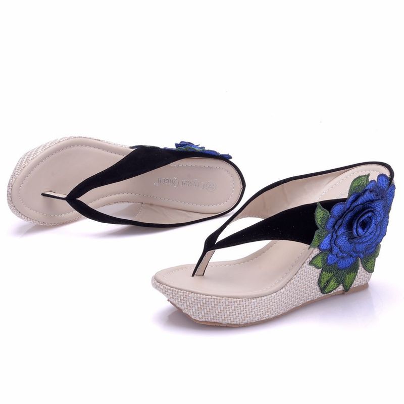 Damskor Vattentäta Kilsandaler Strandflip-flops Platå Tjocka Sulor Broderade Tofflor Sandaler_voghion.com
