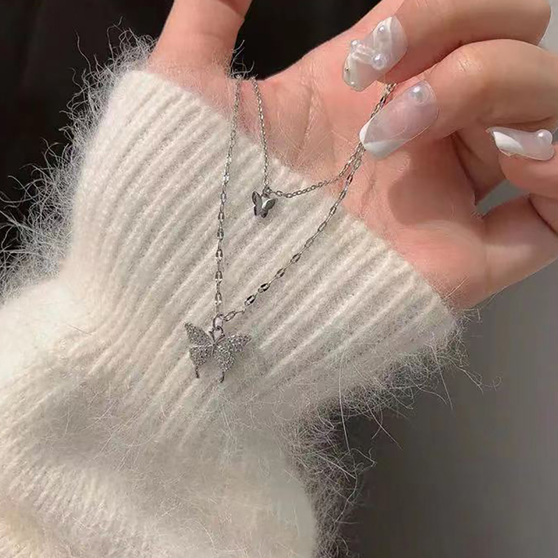 Náhrdelník s motýlem Qianbihe, dvojitá vrstva, nerezová slitina, přívěsek s motýlem, osobnost, módní řetízek s klíční kostí pro ženy - stříbrný_voghion.com