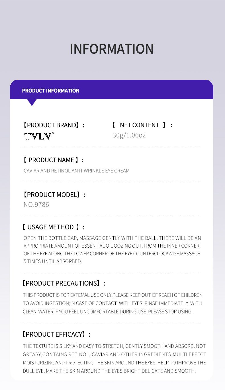 Crema contorno occhi antirughe al caviale e retinolo TVLV, un prodotto popolare, nutre, idrata e idrata_voghion.com