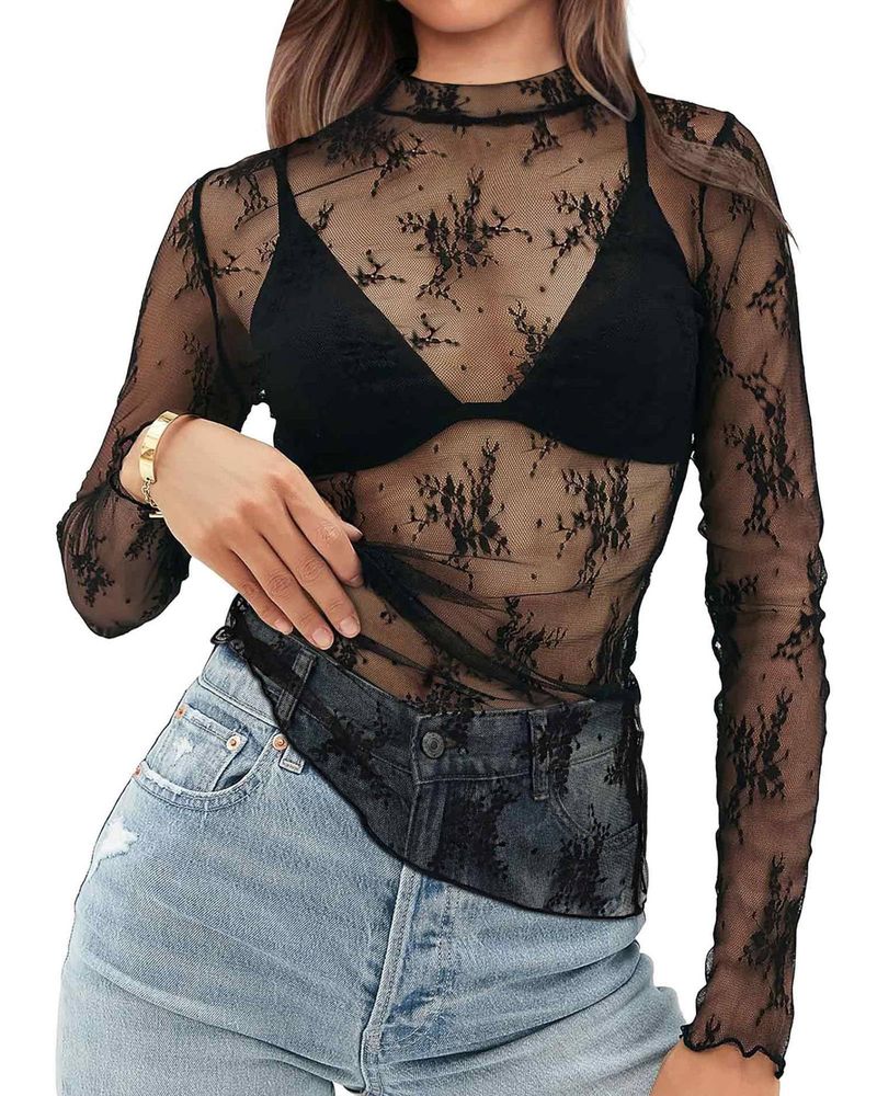 Women's Clothing Half High Neck Perspective Long Sleeved T Shirt Sexy Mesh Top_voghion.com