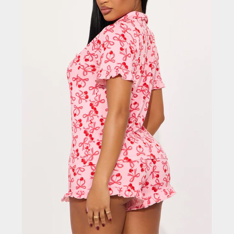 Damenbekleidung Freizeit Bedruckter Revers Rüschen Kurzarm Shorts Anzug_voghion.com