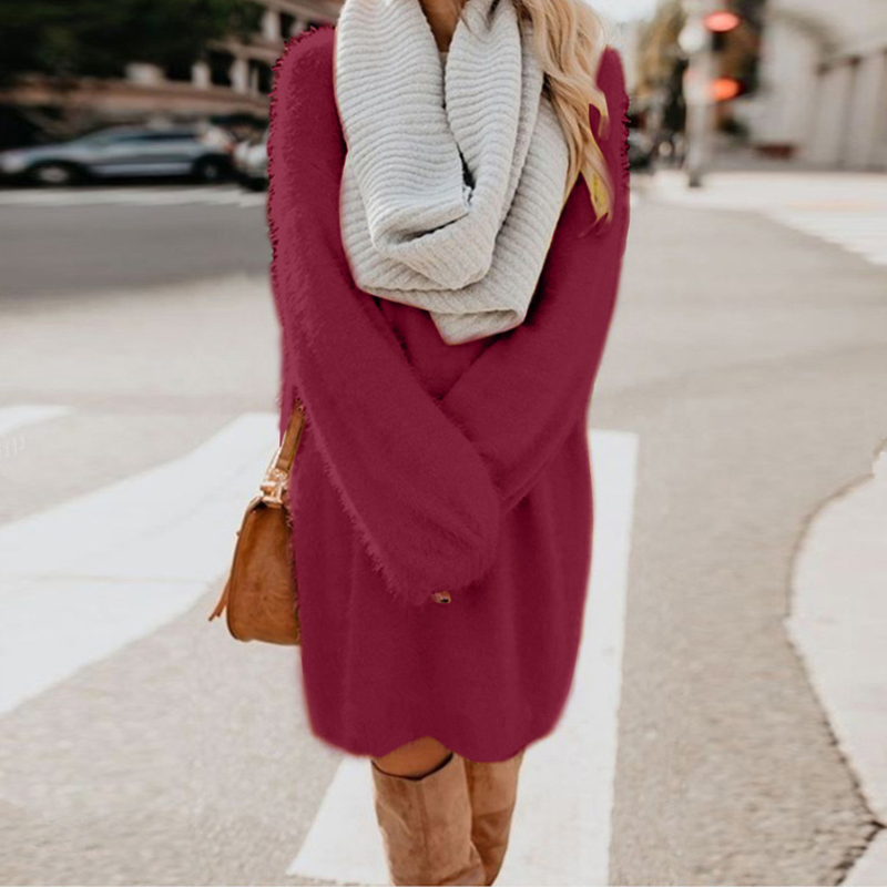 Robe ample en peluche mi-longue à manches longues et col rond pour femme automne/hiver 2023_voghion.com