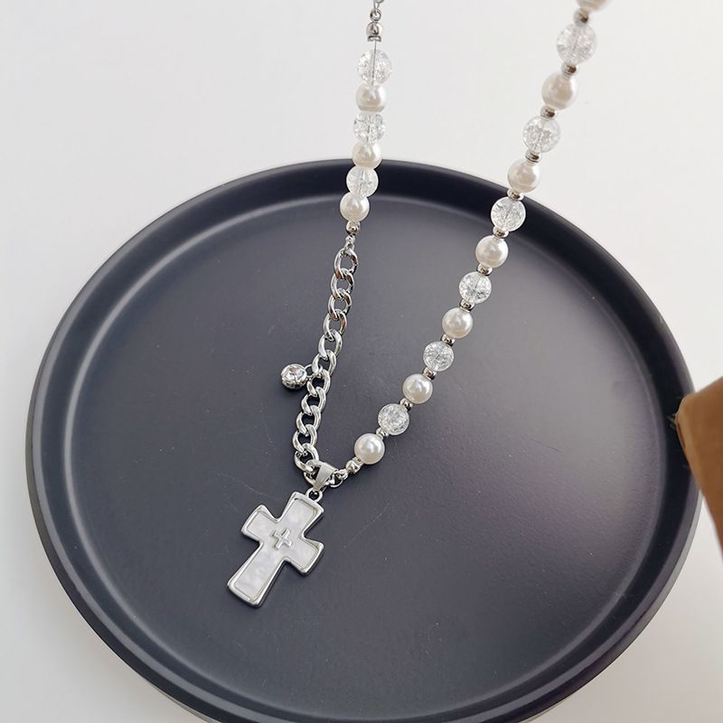 Perlenkreuz-Halskette aus Titanstahl, kubanischer süßer cooler Stil, Anhänger, Unisex, Schlüsselbeinkette, 2025, neues Modell_voghion.com