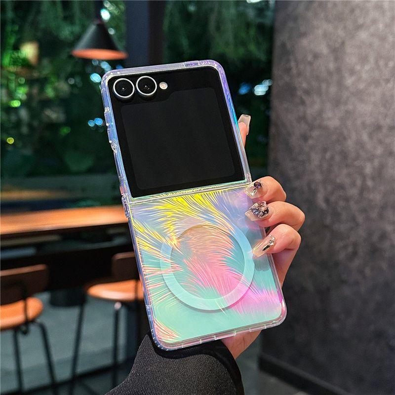 Mobile Phone Case For Samsung Zflip7 Folding Mobile Phone Case Gradual Change Galaxy Zflip6 Feather Color Plating 5th Generation Magnetic Case_voghion.com
