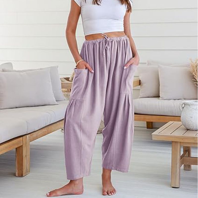 Pantaloni sportivi da spiaggia a gamba larga con coulisse, a vita media, casual e larghi, da donna, modello 2025, con tasche_voghion.com