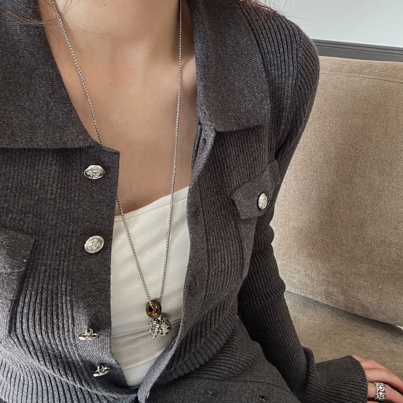 Tigerauge-Muster Stein Wassertropfen Anhänger Nische Vielseitige Schlüsselbein High-End Pullover Kette Halskette Für Frauen_voghion.com