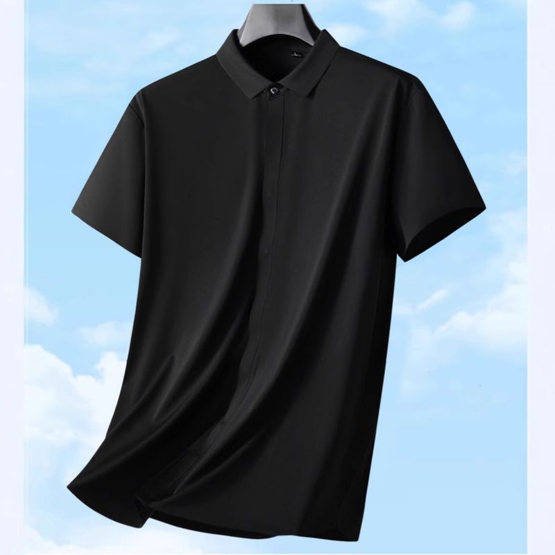 Camisa de manga corta sin costuras para hombre, nueva, de talla grande, color liso, de seda fina, con solapa y hebilla secreta_voghion.com