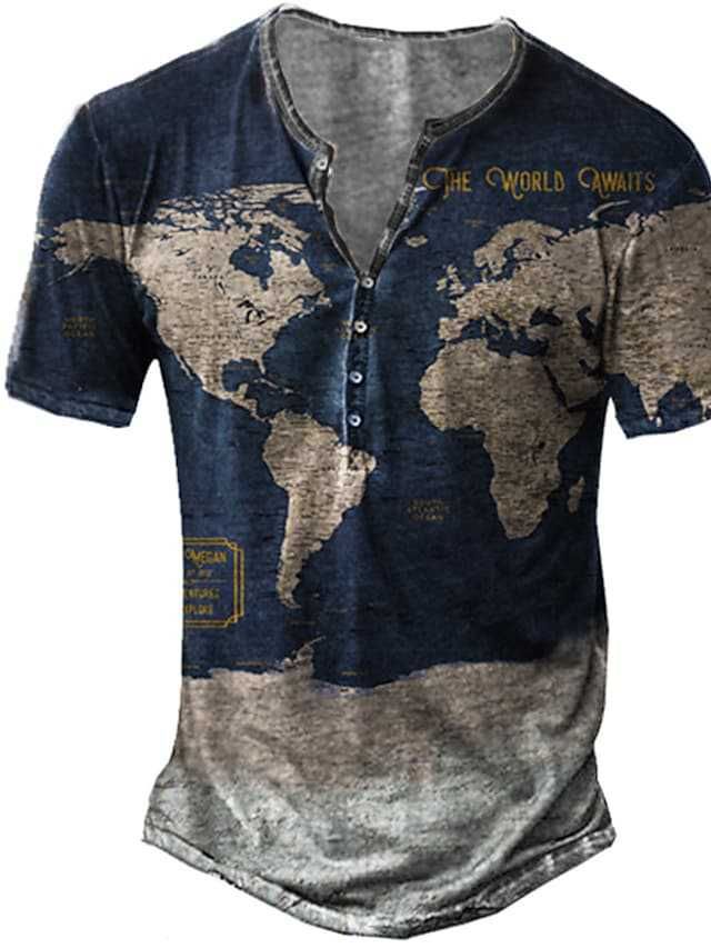 Men's Digital Printed With A Sailing Hook Pattern Round Neck 7-button Men's Casual Short Sleeved T-shirt_voghion.com