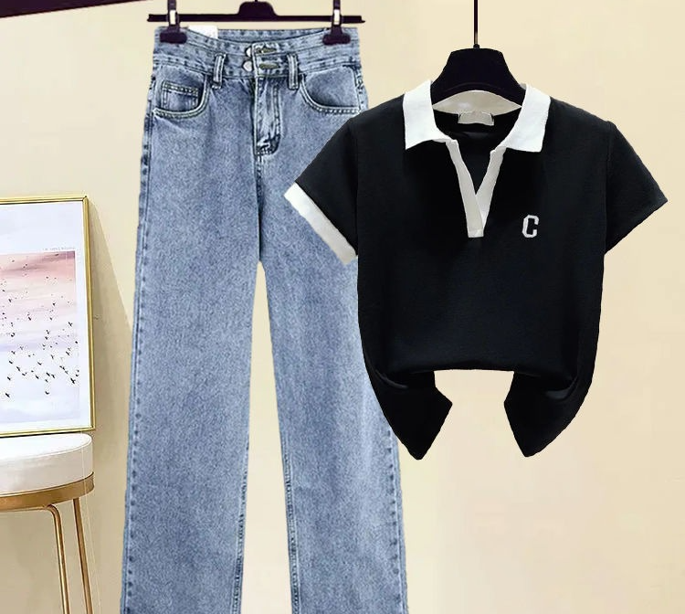 Women's Clothing Short Sleeved T Shirt Polo Shirt High Waisted Denim Wide Leg Pants Two Piece Suit_voghion.com