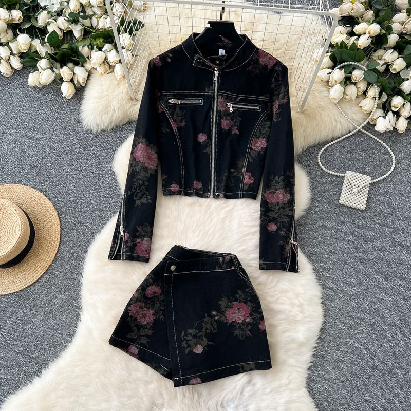 Women's Clothing Retro Style Printed Two-piece Women's All-match Slim-fit Long-sleeved Jacket Denim Coat Wide-leg Culottes_voghion.com