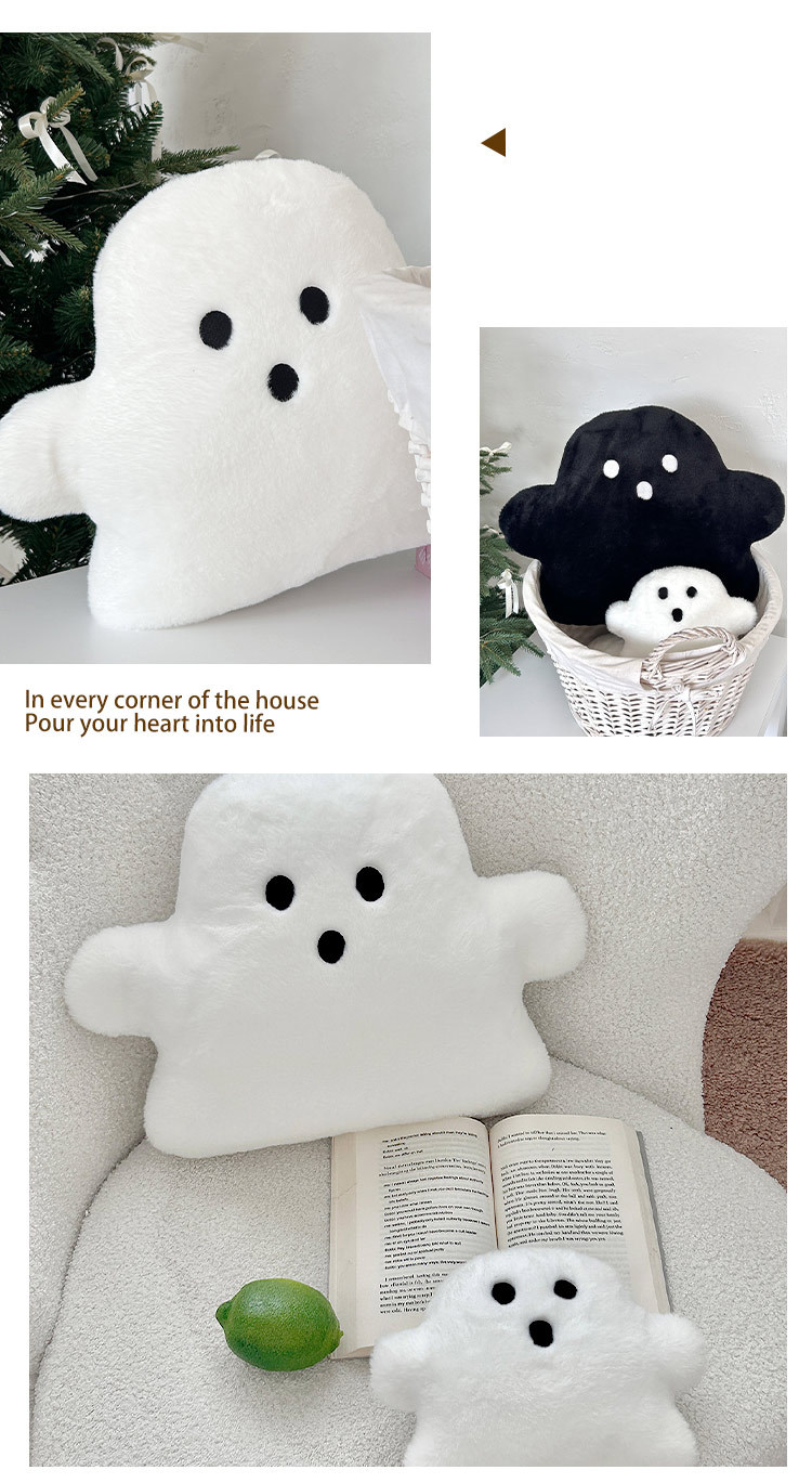 Cuscino di peluche a forma di fantasma di Halloween - Simpatico peluche a forma di cartone animato per bambini/Decorazione per il pisolino e il divano (decorazione morbida e spettrale per la casa)_voghion.com