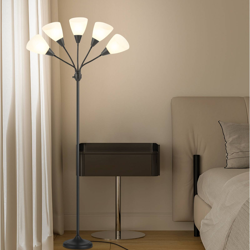 Lampadaires Medusa, lampes sur pied, 5 têtes réglables, lampe de lecture, grand abat-jour, ampoule E26 A19, pour salon, chambre à coucher (noir)_voghion.com