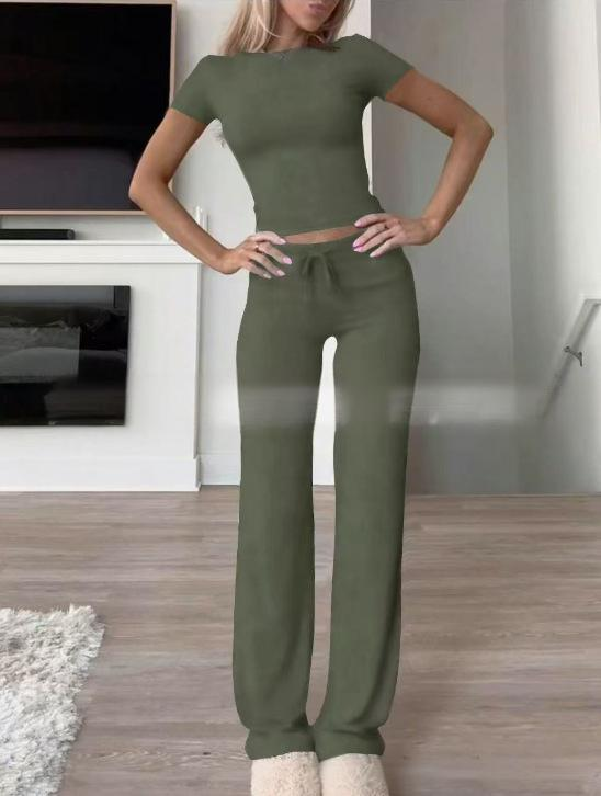 New Casual Outfit Set - Short Sleeve Top & Long Pants For Home, Yoga, And Sports - Breathable Polyester Fabric_voghion.com