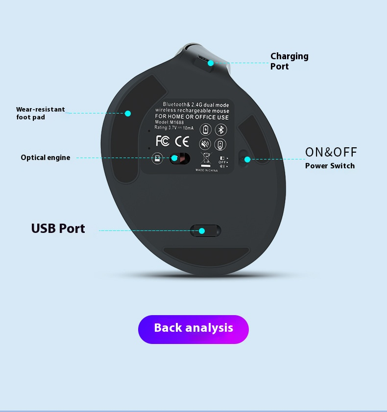 Mouse wireless ergonomico - Bluetooth e doppia modalità 2.4G, 1600 DPI, 6 pulsanti, scorrimento in 4 direzioni, ricaricabile tramite USB (nero/grigio/verde/blu/rosso)_voghion.com