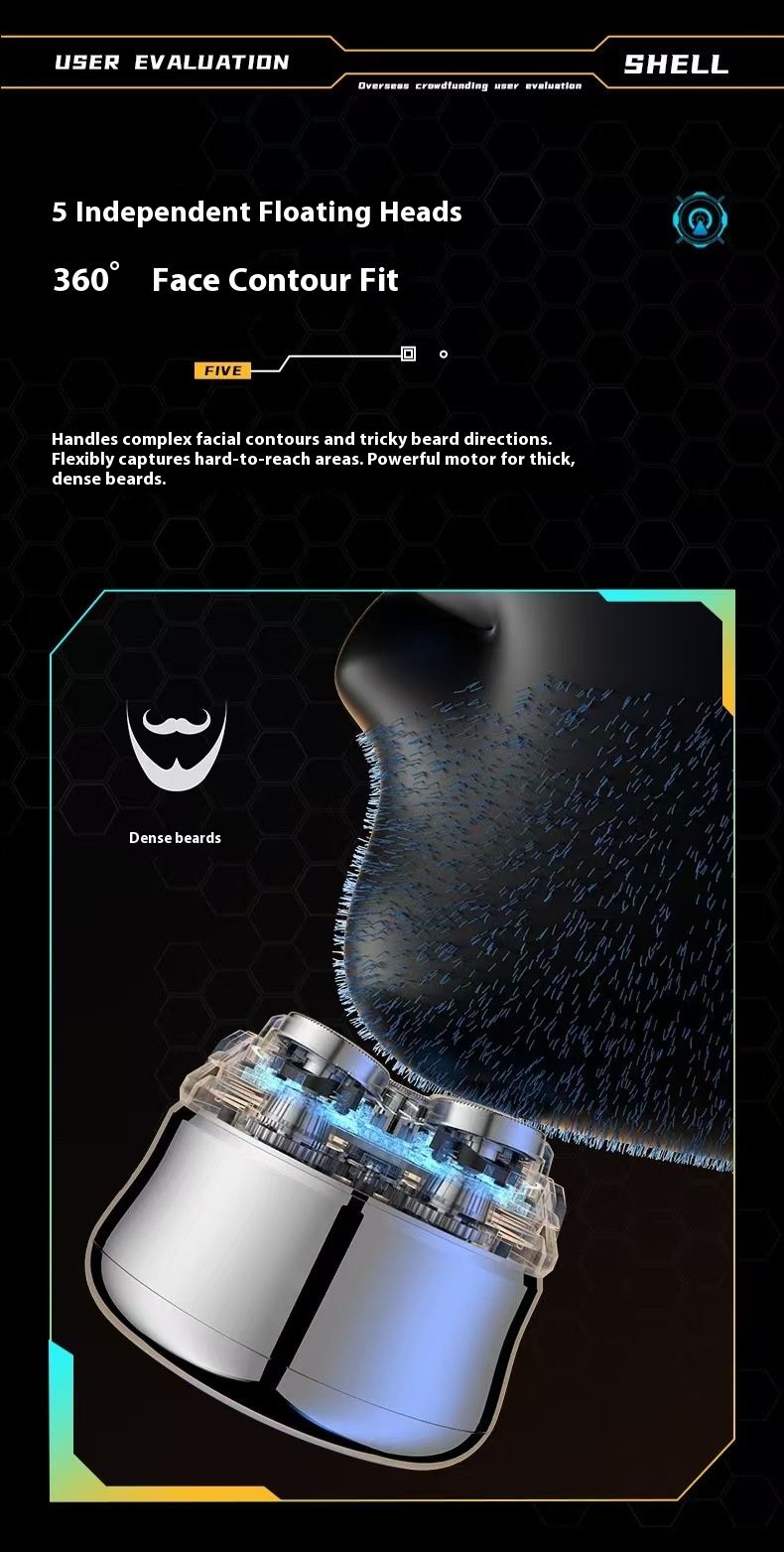 Barbeador elétrico de 5 lâminas e barbeador de cabeça para homens, recarregável, à prova d'água, úmido/seco, com cabeças flutuantes, autonomia de 60 minutos, visor LED, bronze/preto_voghion.com