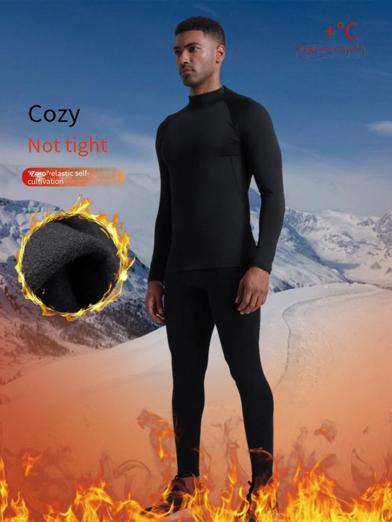 Conjunto de corrida e treino masculino com forro de lã - Camada de base térmica para esqui, caminhada, academia - Roupa esportiva respirável e de secagem rápida (preto)_voghion.com