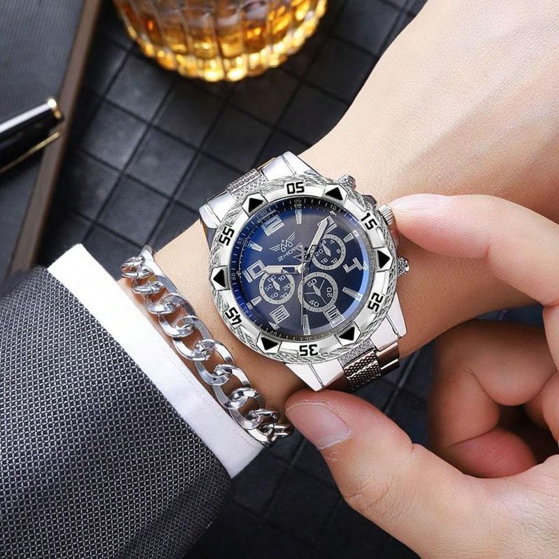 Men's Casual Stainless Steel Quartz Watch Set, Includes Necklace, Bracelet, And Ring, With Free Stylish Jewelry Set (Box Not Included)_voghion.com