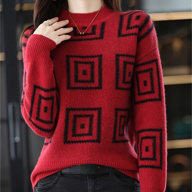 Maglione oversize a quadri – Pullover in maglia grossa con coste a contrasto (nero/rosso/arancione/verde) | Maglia a trecce ispirata allo streetwear giapponese_voghion.com