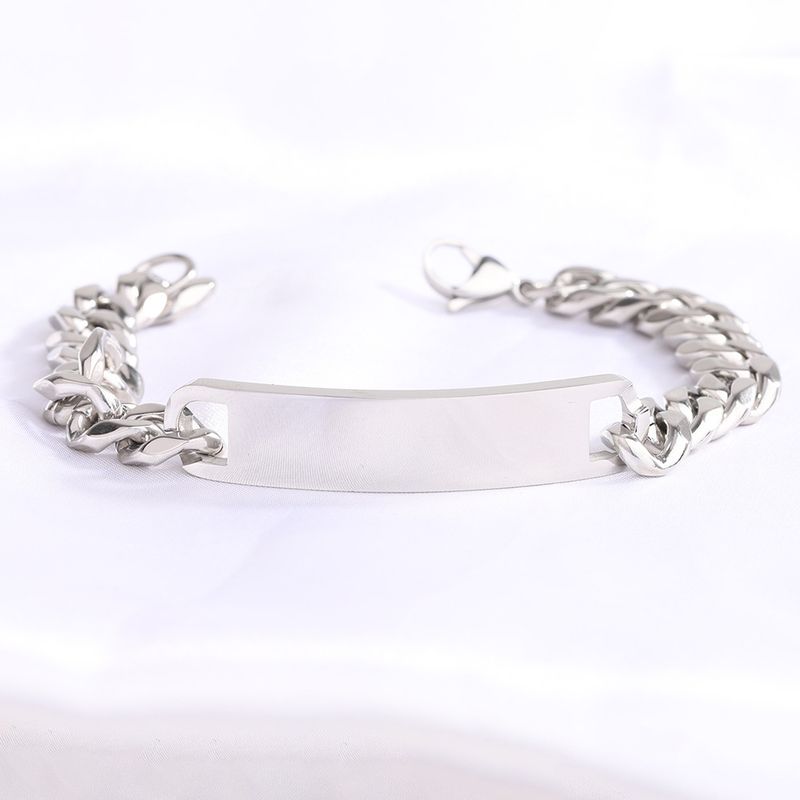 Modieuze brede schakelkettingarmband met glanzende lange smalle tag-bedel van roestvrij staal voor heren_voghion.com