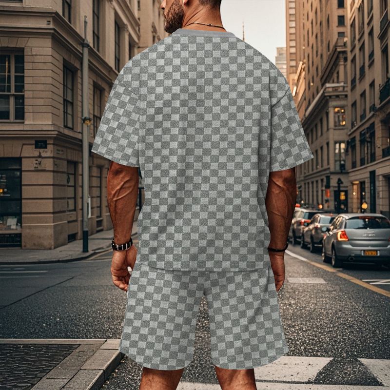 2024 Men's Summer New Jacquard Plaid Short Sleeved T-shirt Loose Oversized Straight Leg Casual Shorts Set_voghion.com