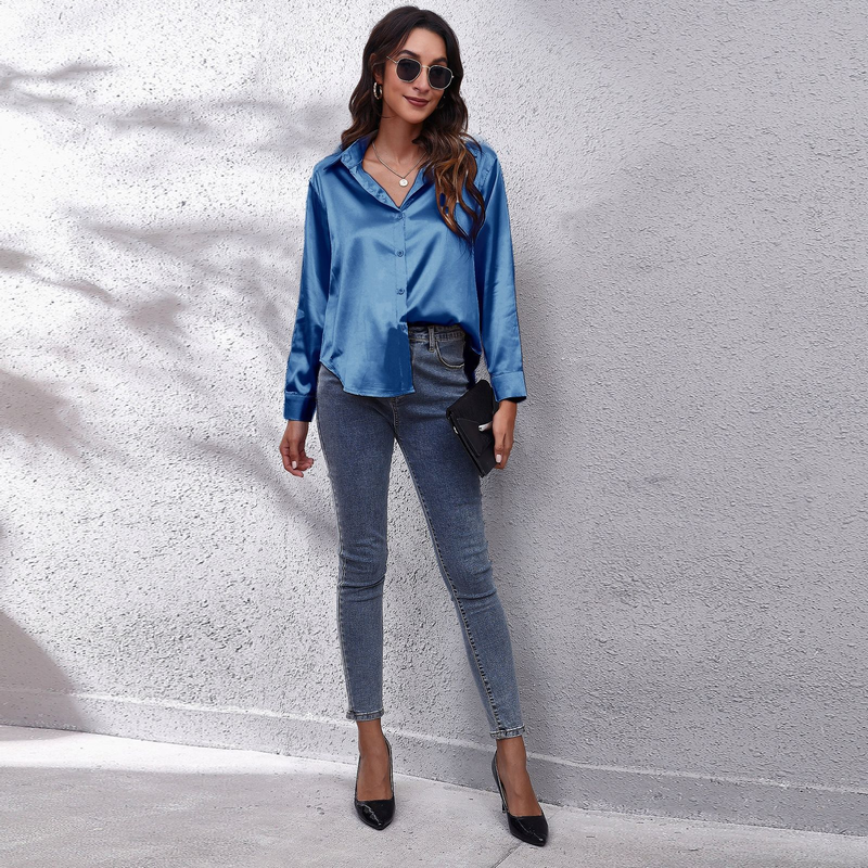 Women's clothing color D shirt satin silk imitation long sleeve shirt_voghion.com