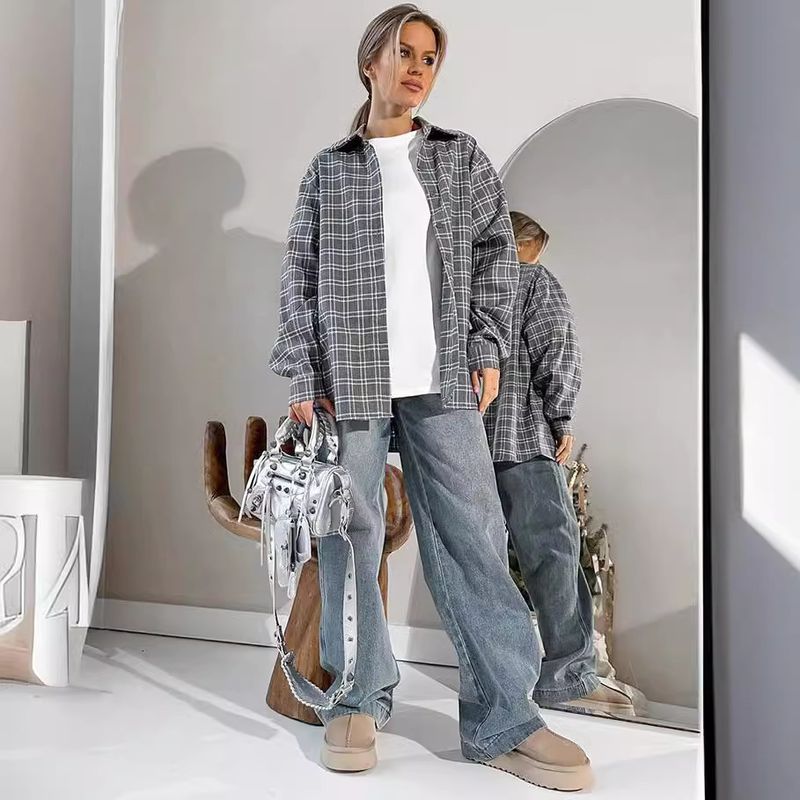 Verve 2025 Printemps Et Automne Nouvelle Chemise Grise Élégante À Carreaux Surdimensionnée À Col Rabattu Ample Mode Vêtements Femme_voghion.com