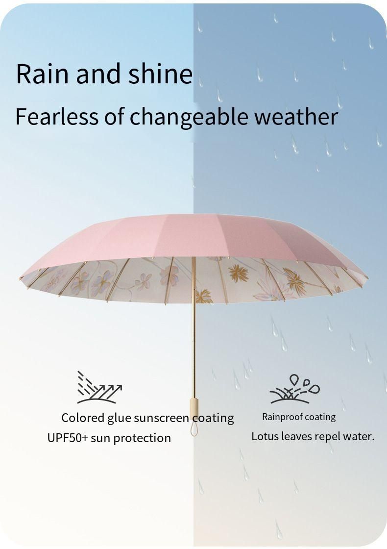 Ombrello pieghevole da donna a 16 stecche, doppio uso per sole, pioggia, protezione UV, parasole rinforzato e ispessito_voghion.com