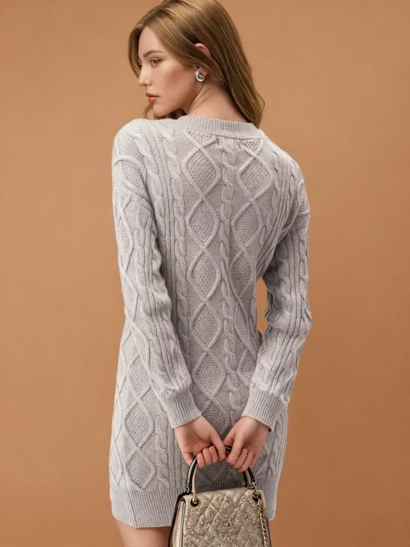 Vestito casual da donna in maglia a trecce, in tinta unita, con scollo a V, di media lunghezza, autunno inverno 2025_voghion.com