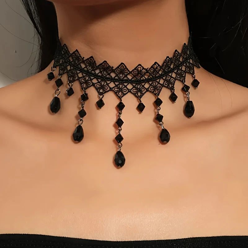 Collana girocollo con cristalli neri audaci da donna - Collana con catena in pizzo unica_voghion.com